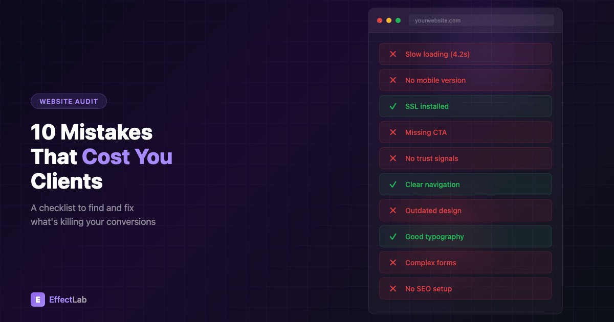 Checklist of website mistakes with red crosses and green checkmarks