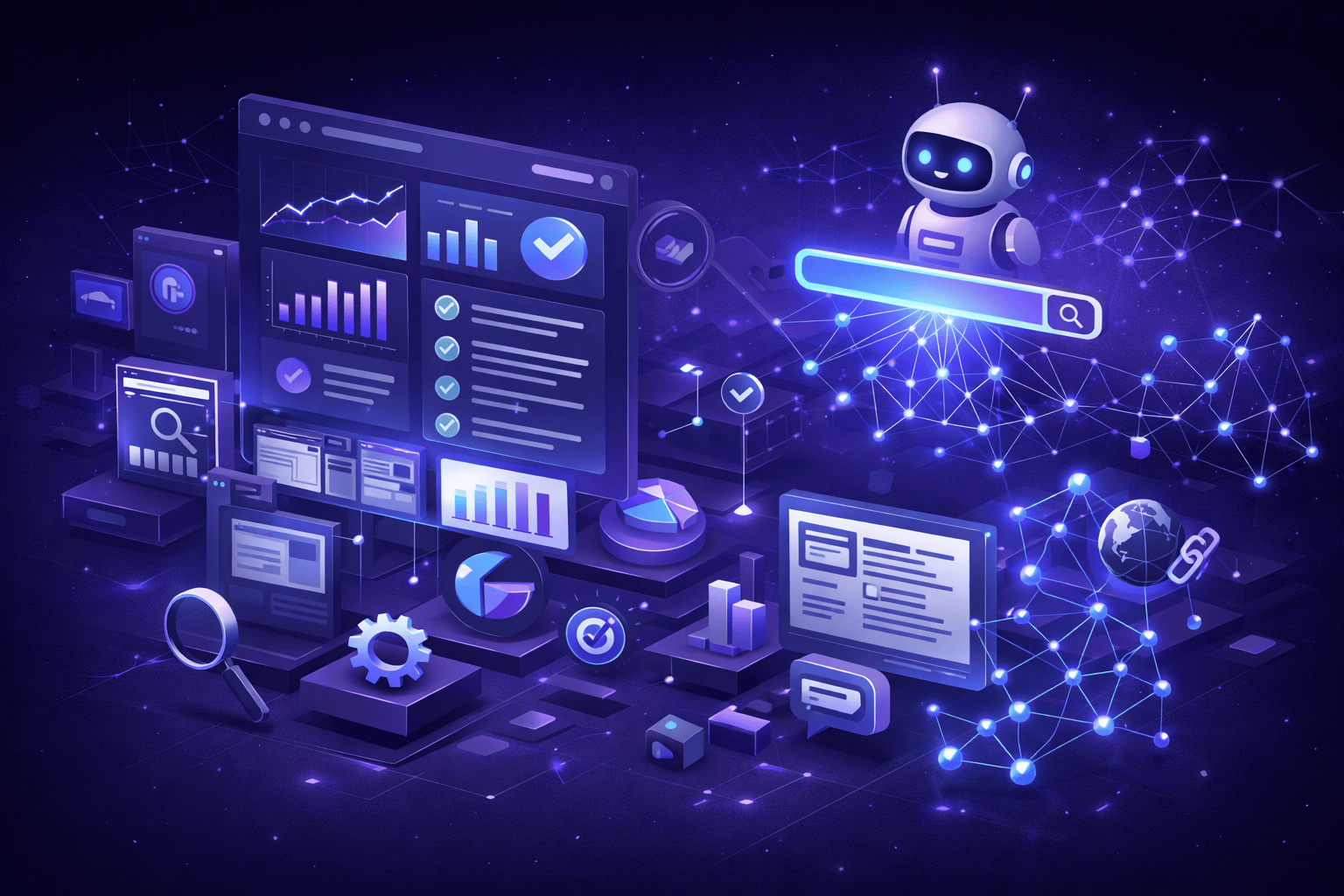 SEO dashboard with AI robot analyzing search results and website metrics