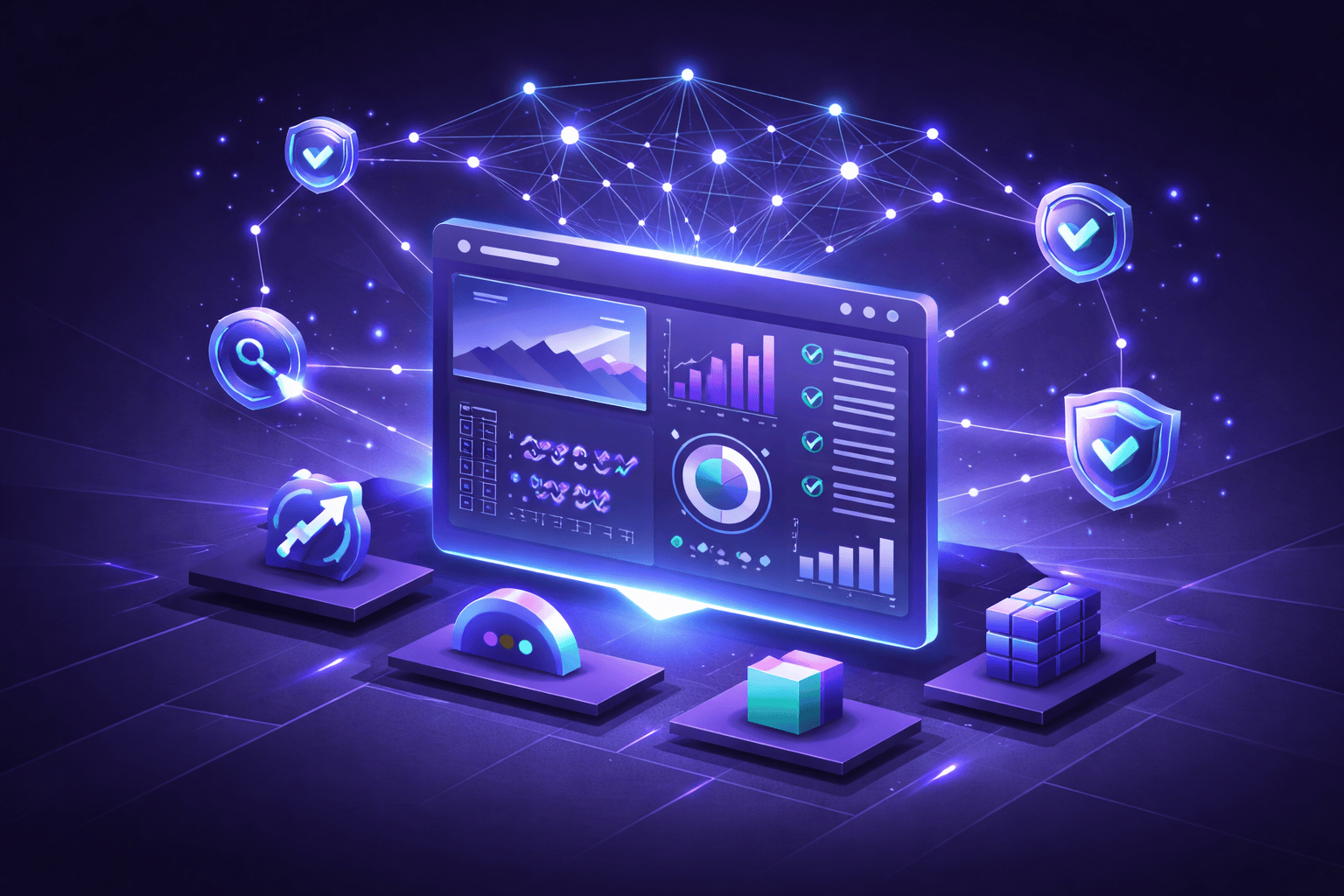 Website analytics dashboard showing SEO performance metrics and optimization checkmarks