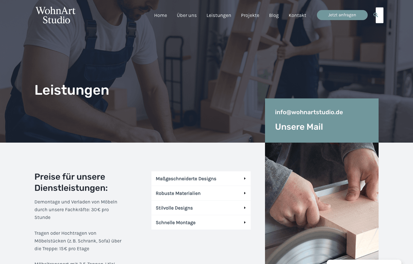 WohnArt Studio services and pricing page
