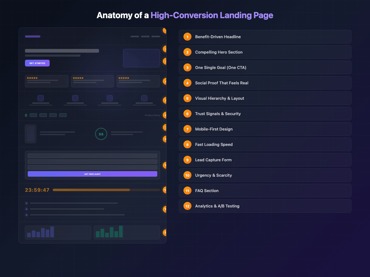 Anatomy of a high-conversion landing page showing all 12 elements from headline to analytics