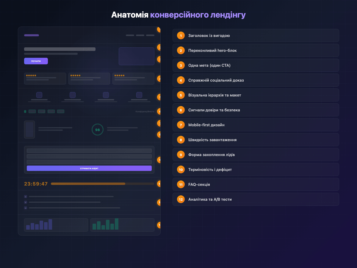 Анатомія конверсійного лендінгу з усіма 12 елементами від заголовка до аналітики