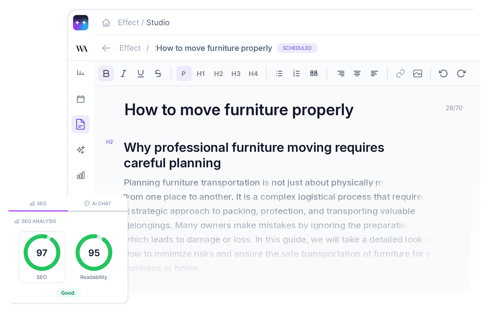 Редактор Seonix AI із SEO-оцінкою 97 і читабельністю 95 для статті